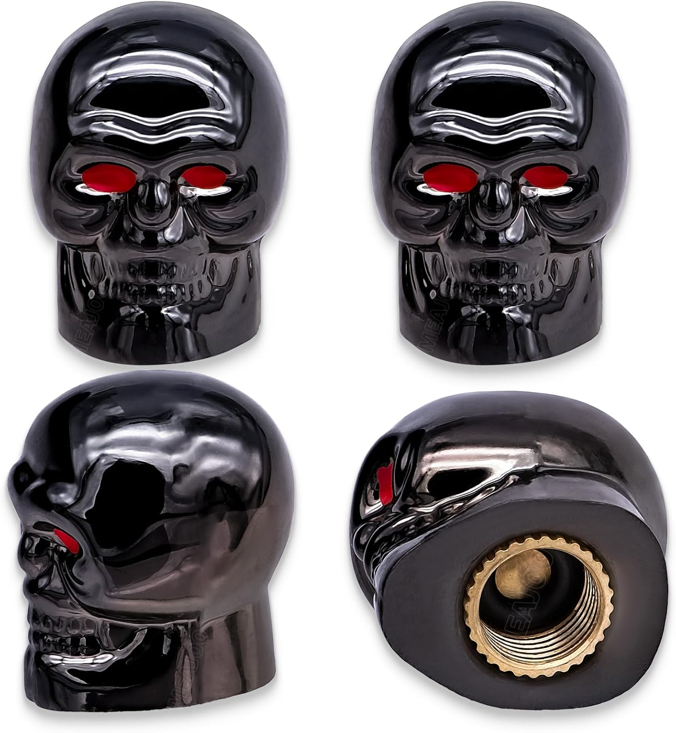 MEAJOO 4PCS Skull Style Tire Valve Stem Caps, Dustproof Wheel Valve Covers Accessories, with Rubber O-Ring, Universal for Cars, Suvs, Bike, Bicycles,Trucks and Motorcycles (Black)