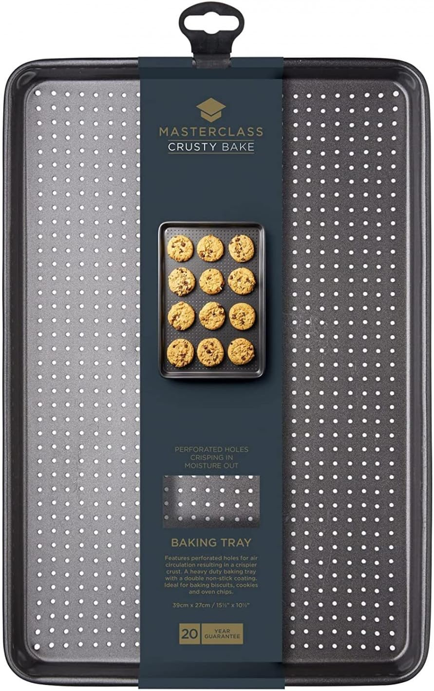 Masterclass Crusty Bake, Baking Tray with PTFE, PFOA and BPA Free Non Stick, Robust 1Mm Thick Carbon Steel, Cookie Sheet, Perforated Holes for Ultimate Crisp, Ultra Double Layer, 39X27Cm, Grey