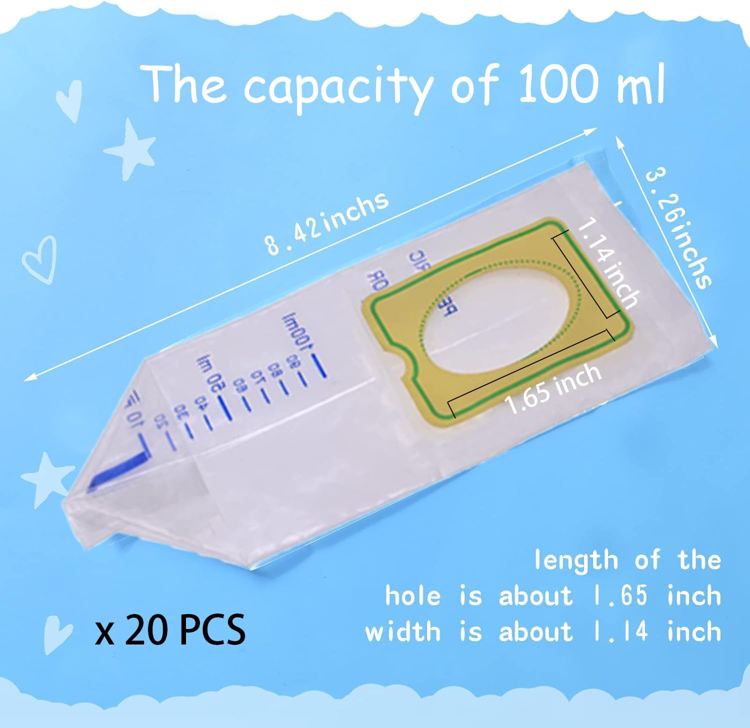 20 PCS Pediatric Urine Bag Collector, 100Ml Baby Catcher Pouch Individual Pee Bags, Disposable Travel Multipurpose Collection, Clear Catcher Convenient Holder for Kids Infant Urine Collection image number 1
