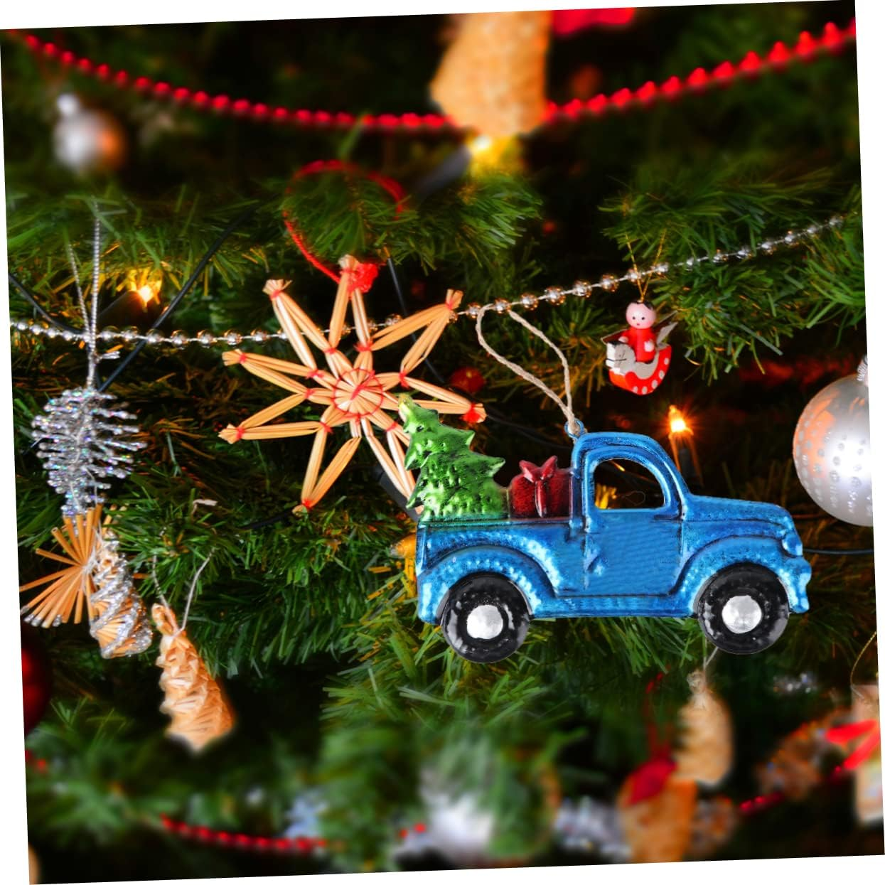 Ciieeo Christmas Car Pendant Iron Truck Hanging Ornament Blue Xmas Tree Hanging Decor Holiday Car Accessories Random Direction image number 2