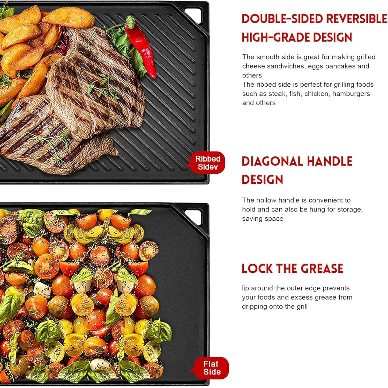 Aping Cast Iron Griddle, Nonstick Reversible Griddle Pan with Mitts for Gas Grill, Cast Iron Griddle Plate for Gas Stove Top, Oven, Outdoor Grill or Campfire,16.5'' X 9.5'' image number 3