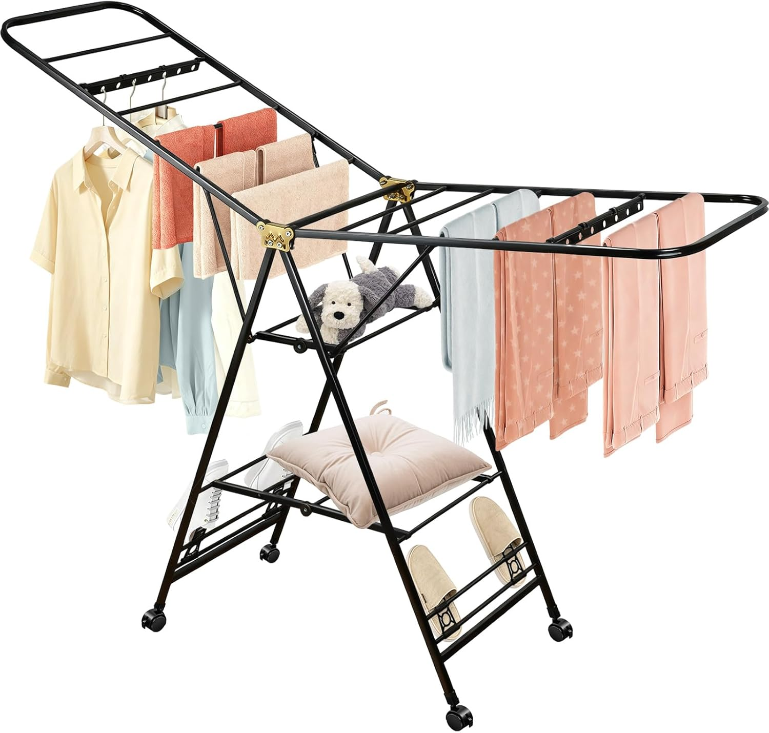 Clothes Drying Rack Foldable, 160Cm Clothes Airer Drying Rack with Wheels, Heavy Duty Metal Laundry Dryer, 3-Tier Clothes Rack Free-Stand,Indoor Outdoor Clothes Rack with Shoe Slots image number 3