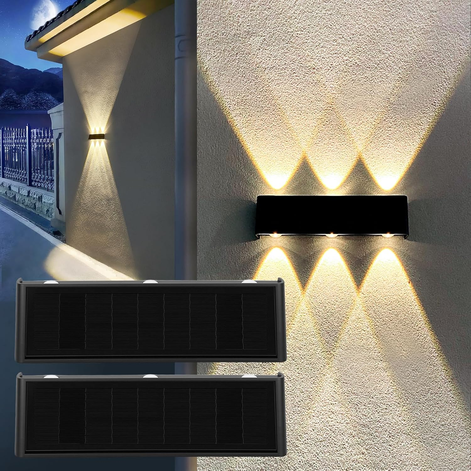 Solar Lights Outdoor Waterproof 3000K Warm Aluminum up and down Wall Sconce Dusk to Dawn 2PACK for Outside, Sign, Fence, Yard