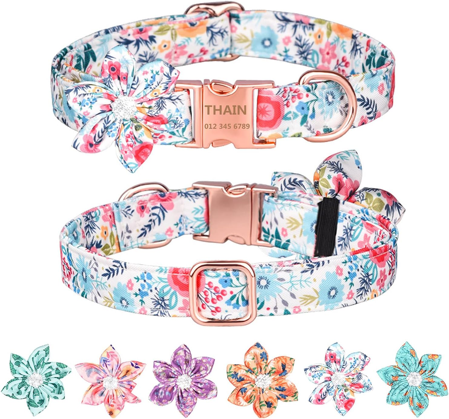 THAIN Custom Flower Girl Dog Collar Personalized for Female Dogs- Floral Pattern Engraved Pet Collars with Name Personalized Rose Gold Buckle (S(Neck 10.2-16.5"), White Flower)
