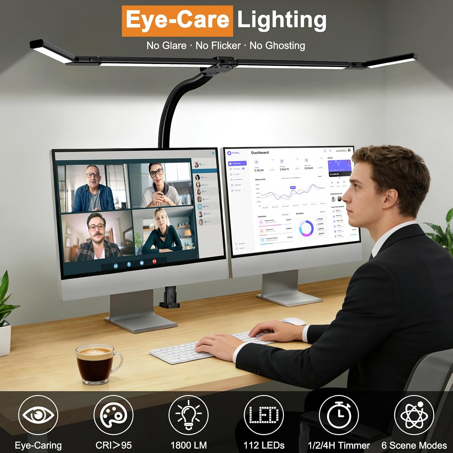 Desk Lamp for Home Office, Extra Width 24W Bright LED Desk Light with Adjustable 4-Segment Bar & Remote, Eye-Caring Gooseneck Architect Desk Lamp with Clamp for Reading Study, Dimmable, Timer image number 2