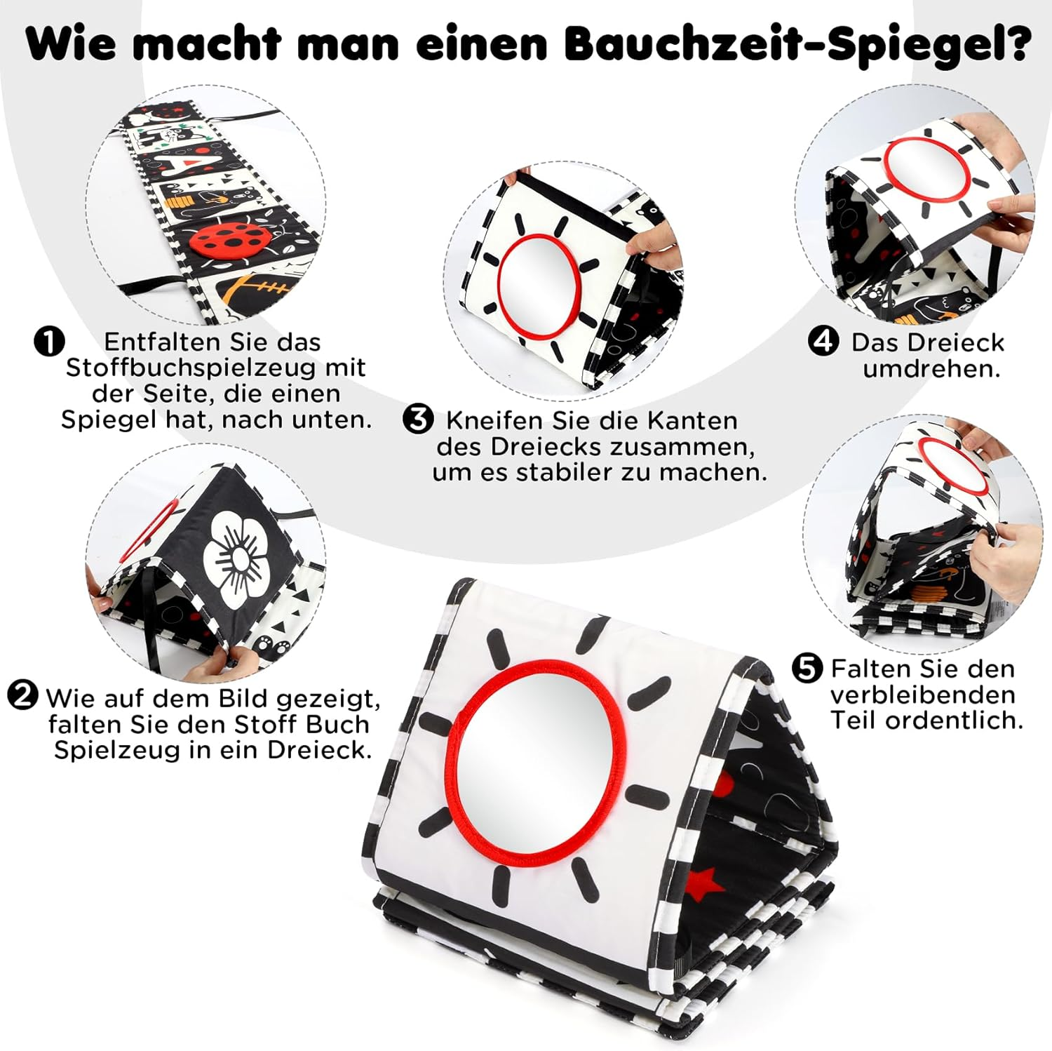 URMYWO Contrast Book Baby, Black White Double-Sided Baby Fabric Book Soft Picture Book with Mirrors, Pram Contrast Toy Baby 0 3 6 Months Gift for Babies image number 5