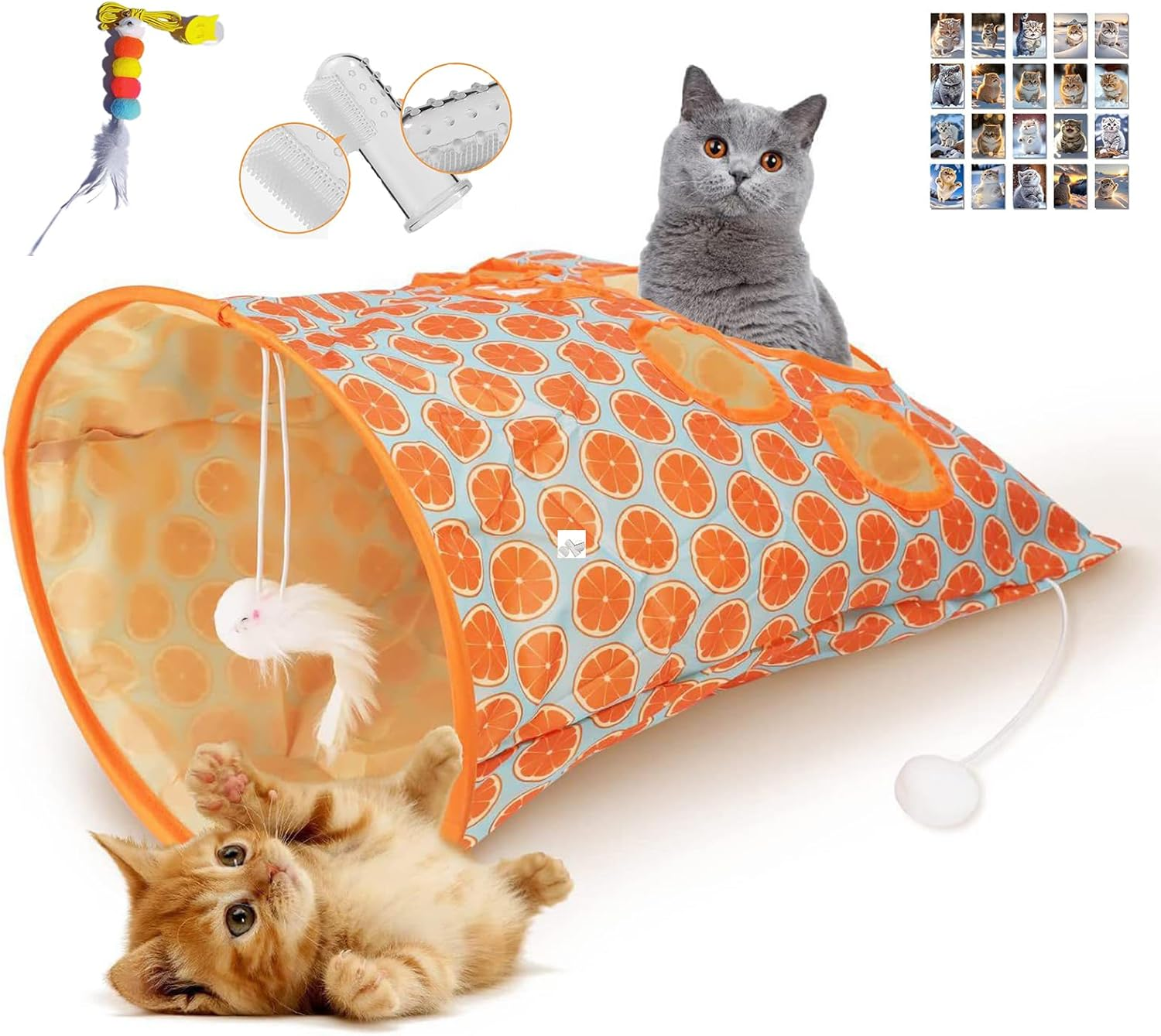 Cat Tunnel Toy, with 1 Little Mouse & 3 Toy Ball, Kitty Pet Collapsible Tunnel Crinkle Sack Bag Self Hide and Seek Play for Indoor Peekaboo Interactive Smarty Cat Cave Toy. (Green and Orange)