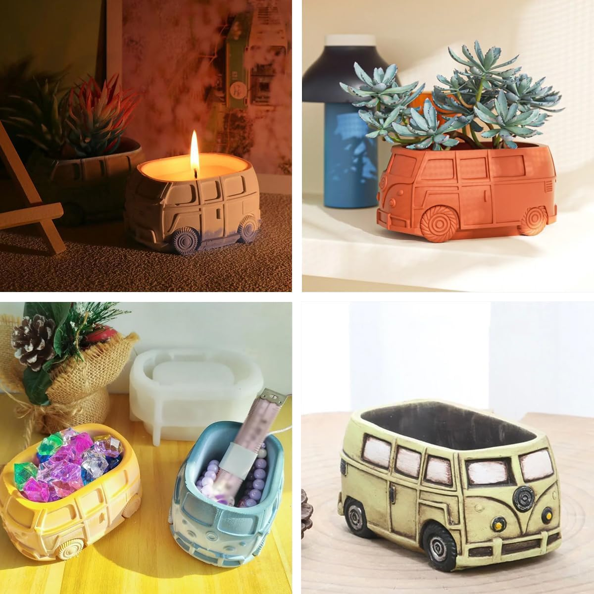Bus Mold,3D Bus Flower Pot Silicone Mold Creative Bus Car Silicone Planter Mold Container Bowl Resin Mold Versatile Mold Bus Car Shaped Planter Mould Succulent Planter (White) image number 3