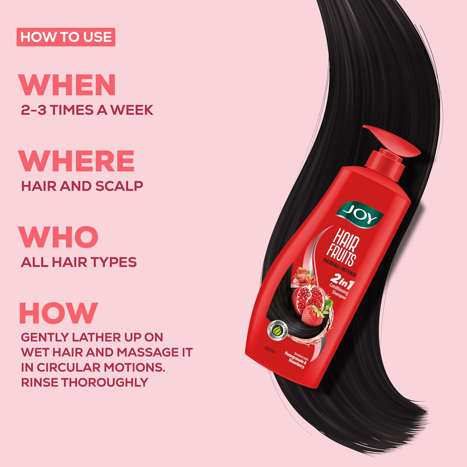 Joy Hair Fruits Hairfall Defense Conditioning Shampoo Enriched with Pomegranate & Strawberry, 650 Ml