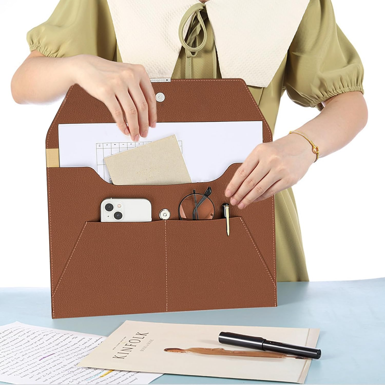 VANRA File Folder Document Holder Document Organizer Waterproof Portfolio Leather Folder Case with 3 Pockets, Filing Envelopes for A4 Letter Size Paper with Snap Magnetic Button Closure (Brown) - Gray image number 6