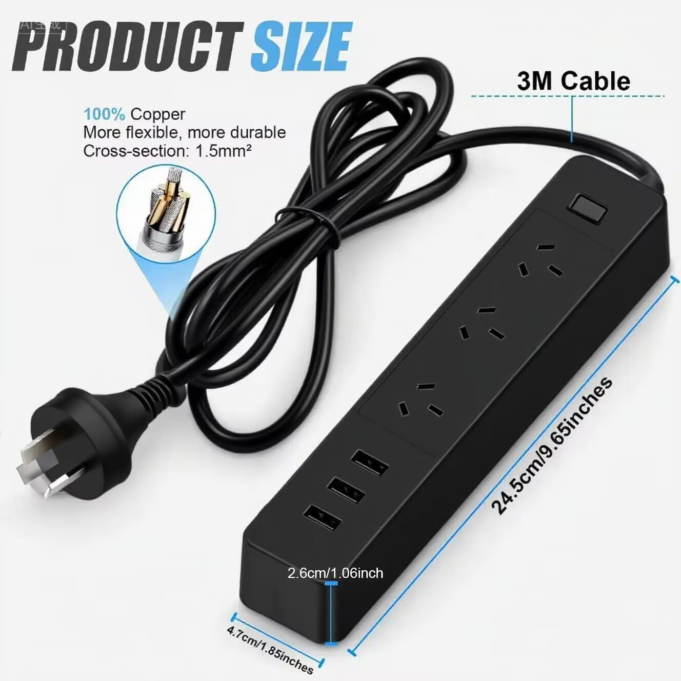 Power Strip Socket 3M Extension Cord Power Board with 3USB Port Charge for Sweeping Robot, Phone, Surge Protector Powerboard 3 AC Outlets, Max 2500W/10A, AU Plug Socket with Switch for Home (Black) image number 5