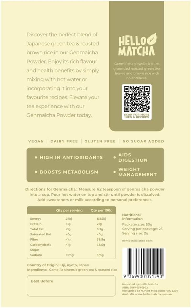 Hello Matcha, Genmaicha Powder from Uji Kyoto &ndash; Roasted Brown Rice and Matcha Powder, Premium Japanese Genmaicha for Lattes, Tea & Baking, 50G image number 1