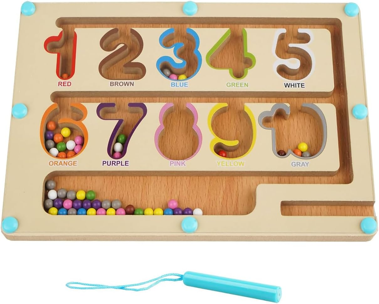 Magnetic Color and Number Maze, Montessori Fine Motor Skills Toys for Boys Girls 3+, Wooden Color Matching Learning Counting Puzzle Board Games (Colorful Numbers)