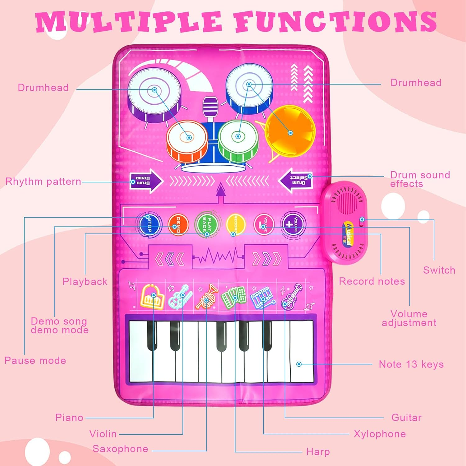 Musical Toys for Toddlers 3+ Piano Keyboard & Drum Mat, Music Sensory Play Mat Baby Toys for 3 Year Old Developmental Toddler Girl Toy Age 3+ Birthday Valentines Gifts for 3+ Year Old Girls Present image number 6