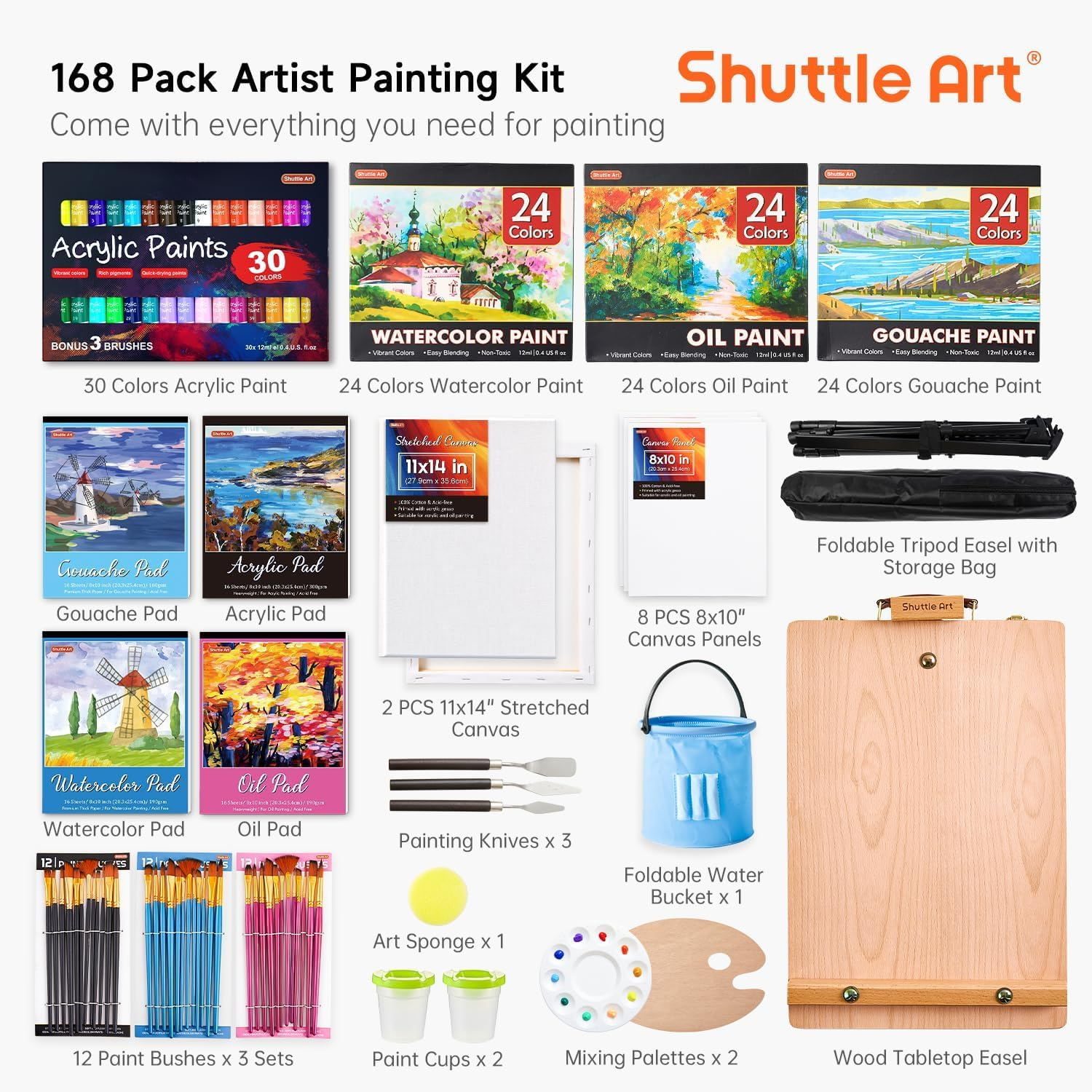 Shuttle Art 65 Pack Acrylic Paint Set with Wooden French Easel Box, Mixed Media Artist Art Set with 30 Colours, Blank Canvas, Brushes, Professional Painting Set for Adults, Teenagers image number 2
