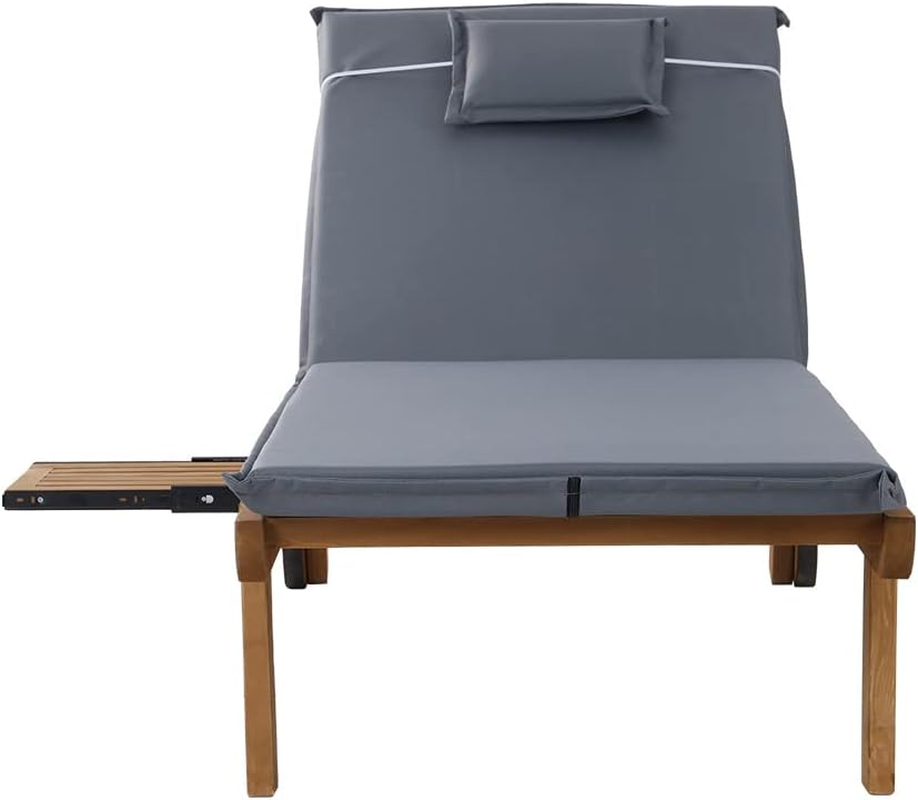Gardeon Wooden Sun Lounge Camping Chair, Adjustable Backrest Chaise Beach Chair with Wheels, Cushion and Pillow, Outdoor Furniture for Garden, Patio, Poolside and Backyard, Grey image number 5