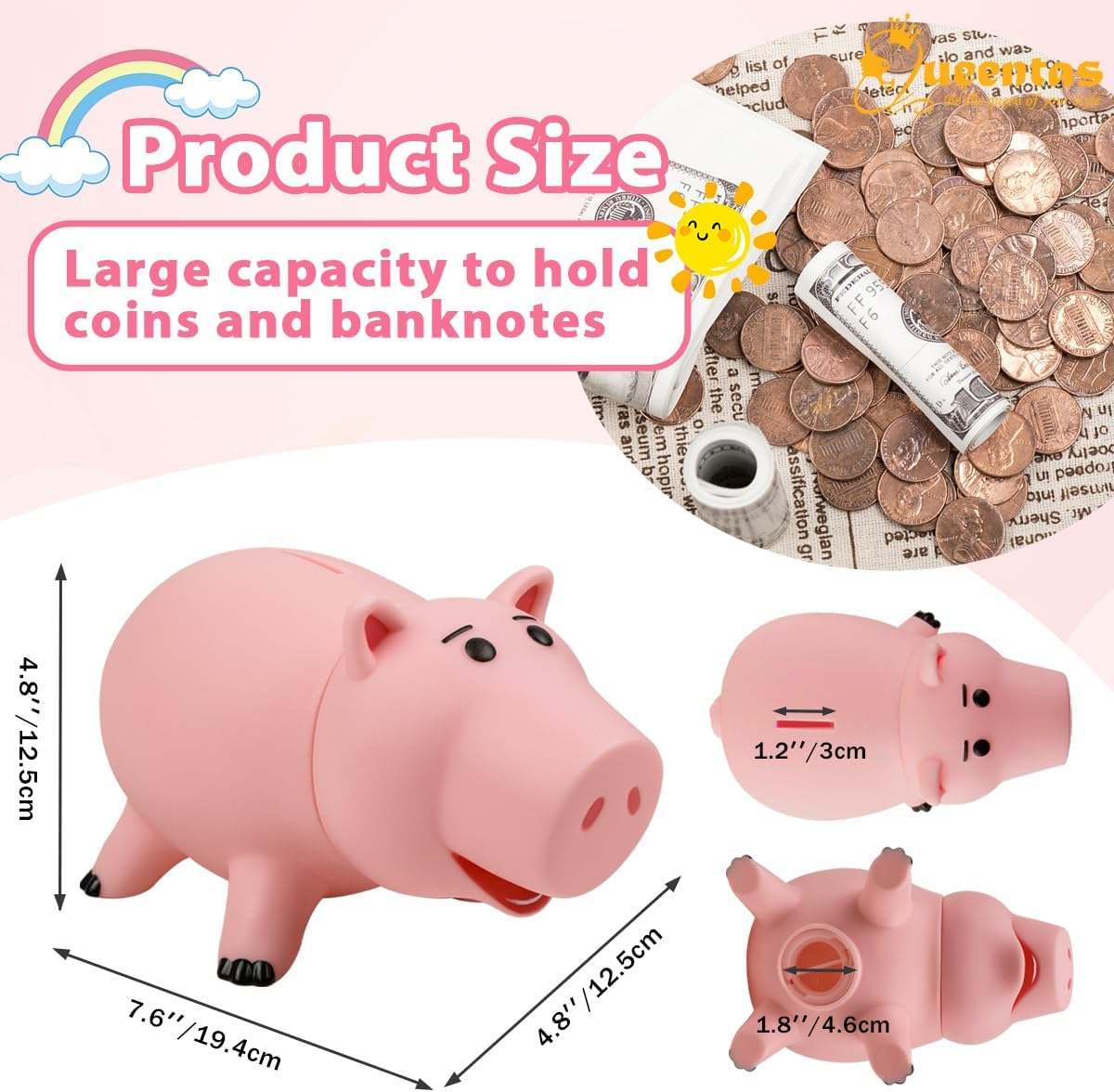 QUEENTAS Hamm Toy Story Piggy Banks for Kids Large Pig Money Box Pink Plastic Savings Bank for Children Kids Practical Birthday