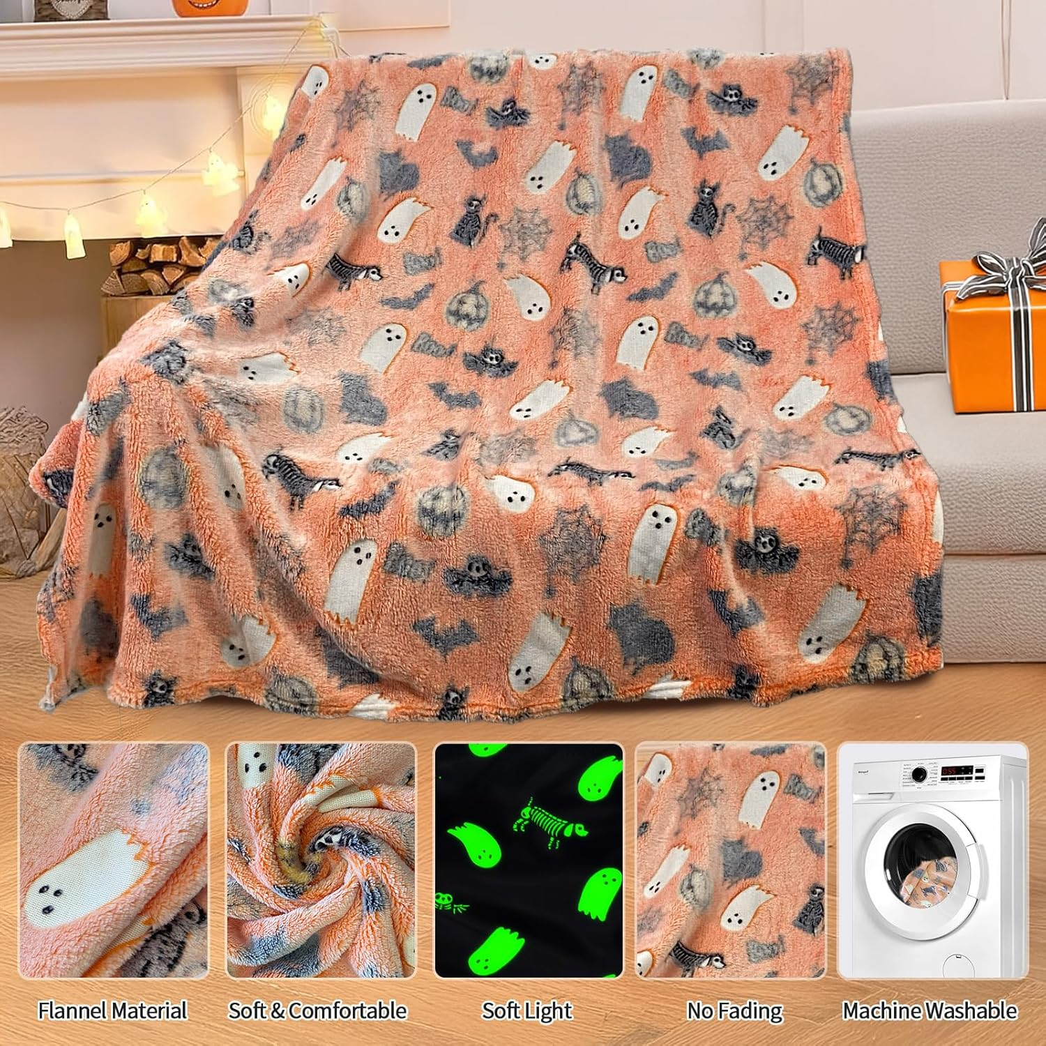 COMFAR Cute Halloween Blankets for Kids, for Kids/Teens/Women/Men, Halloween Blankets and Throws for Adults, Spooky Blanket for Boy/Girls/Toddler, Fall Throw Blanket for Couch 40"X 60" image number 4