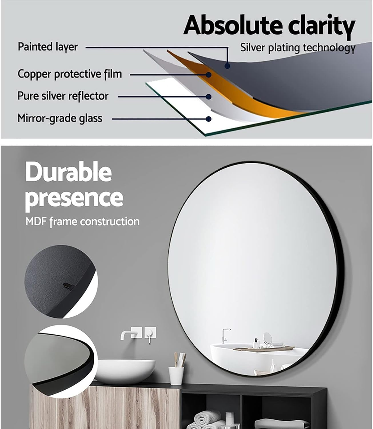 Embellir Wall Mirror, 80Cm Metal Frame Vanity Makeup Shower Bathroom Make up Mirrors Wall-Mounted Decorative Hanging Room Decor for Home Bedroom Hallway, Oval Silver Coated Modern Circle Black