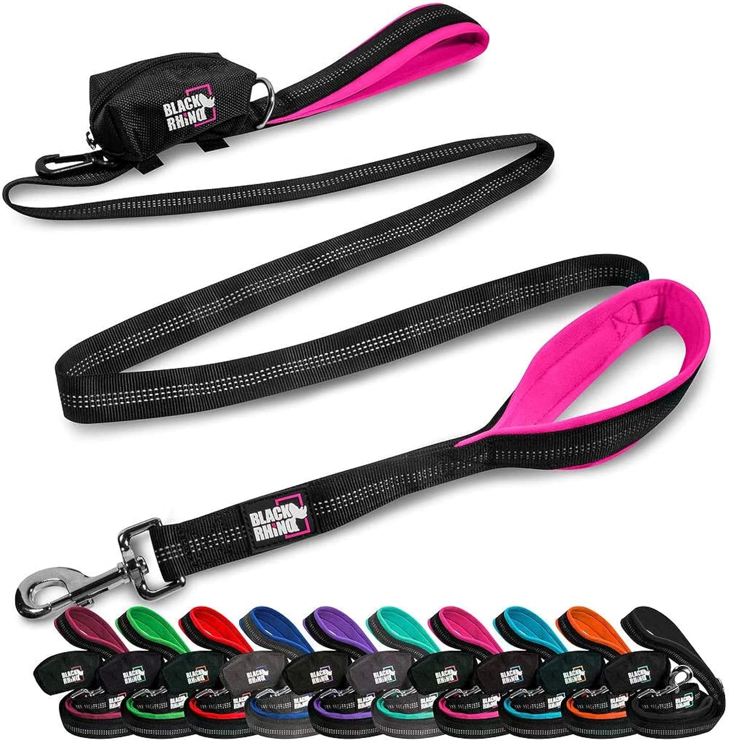 Black Rhino Dog Leash - Heavy Duty - Medium & Large Dogs | 6Ft Long Leashes | Two Traffic Padded Comfort Handles for Safety Control Training - Double Handle Reflective Lead - (Pink)