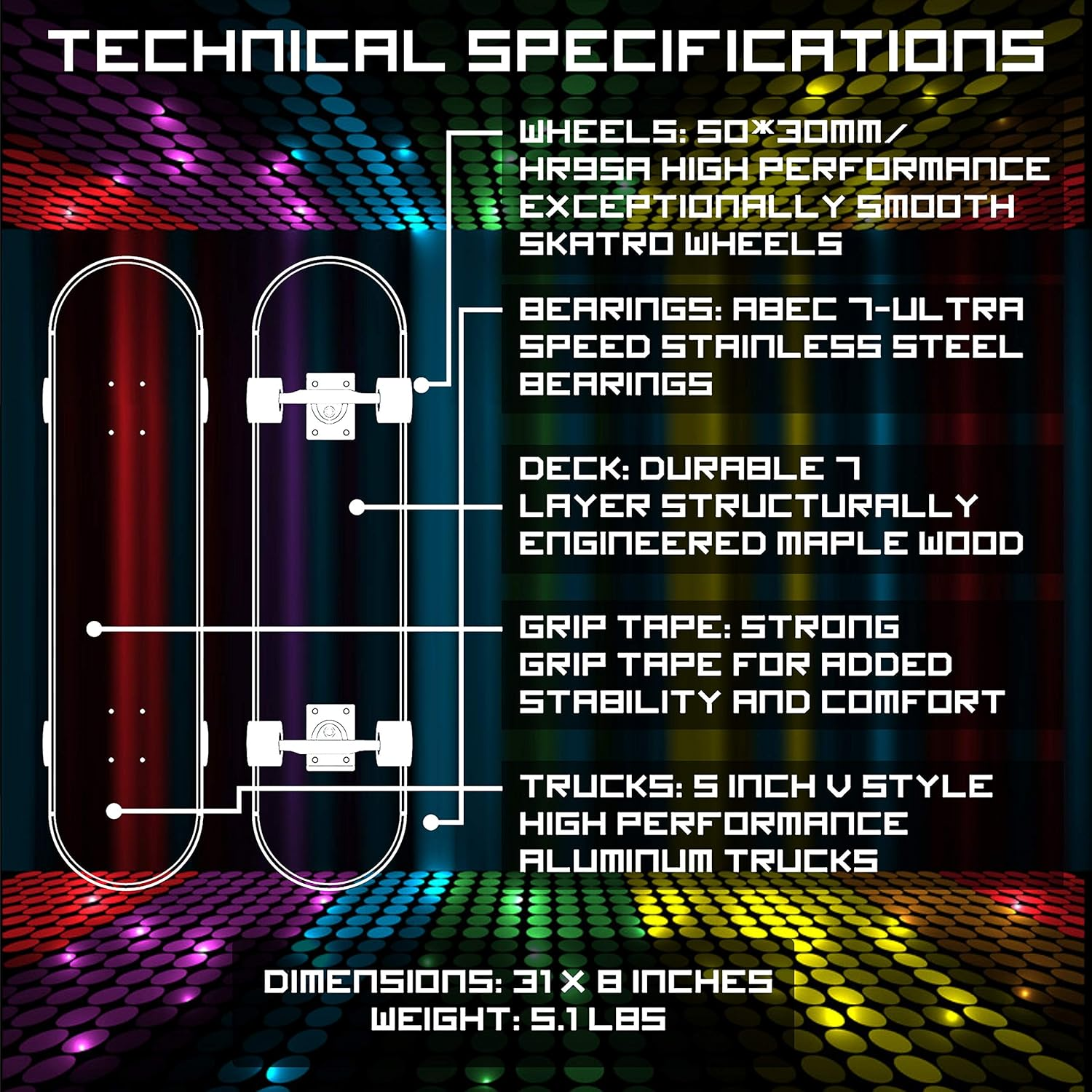 Skatro - Pro Skateboard 31" Complete Skateboard. Skate Board Ages: Adults, Boys, Girls, Beginners, and Kids - Ace Black Skull image number 7