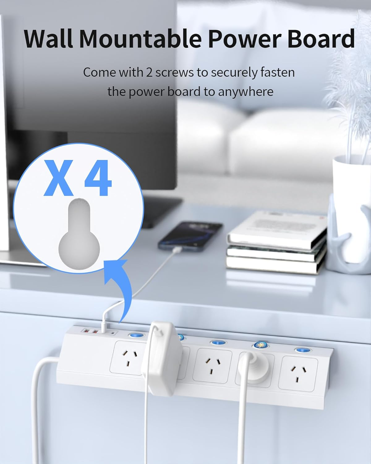 Power Board Surge Protected with Individual Switch, Powerboard with 5 AC Outlets 4 USB Ports (2 USB C), 1700J Surge Protector, SAA Certified, 1.5M Extension Cord for Home and Office, White image number 5