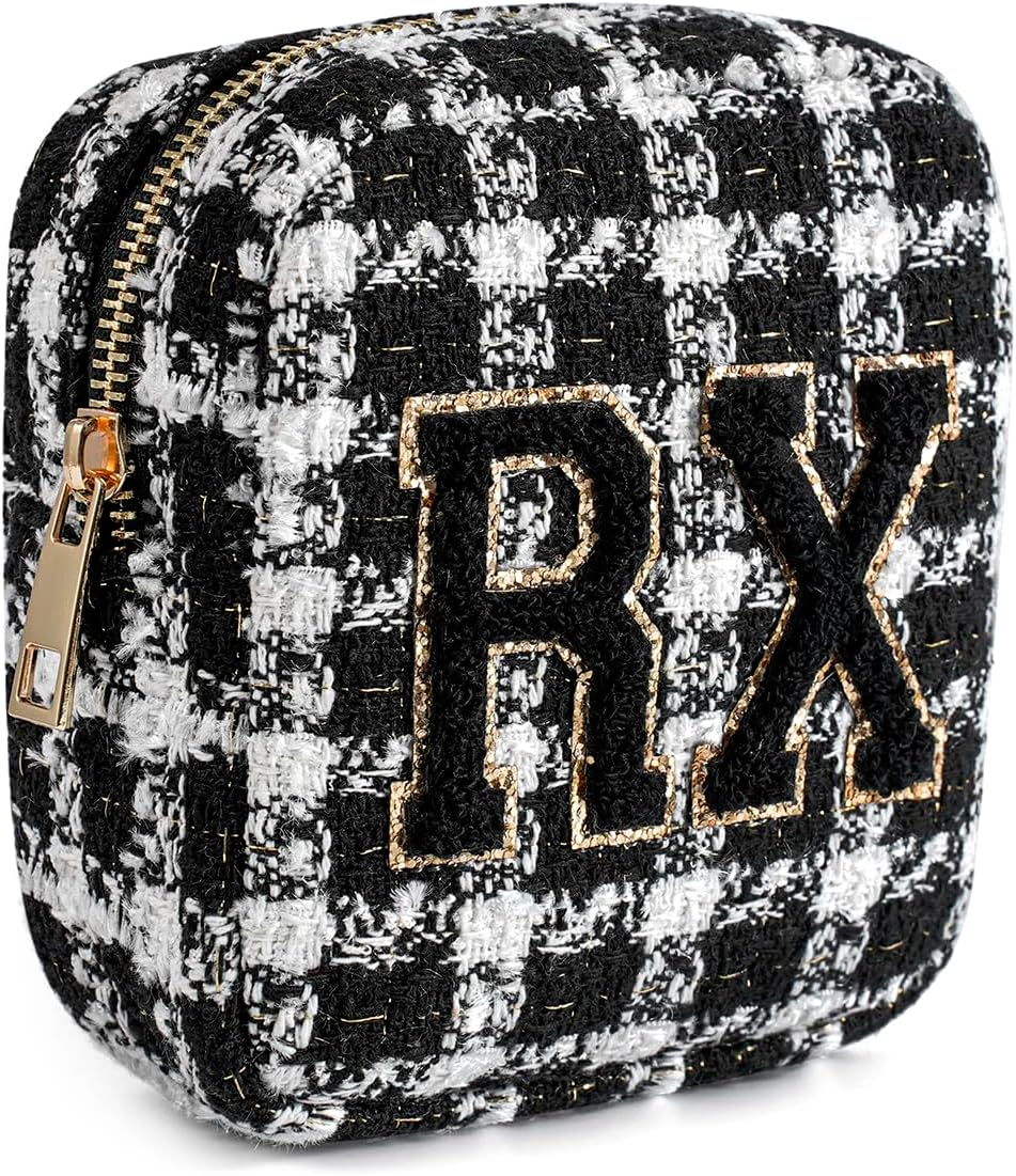 DDPOND Small Medicine Bag for Travel, Personalized RX Chenille Letters Checkered Pouch for Women and Girls, Cute Meds Drug Makeup Bags with Zipper (01Beige Checkered)