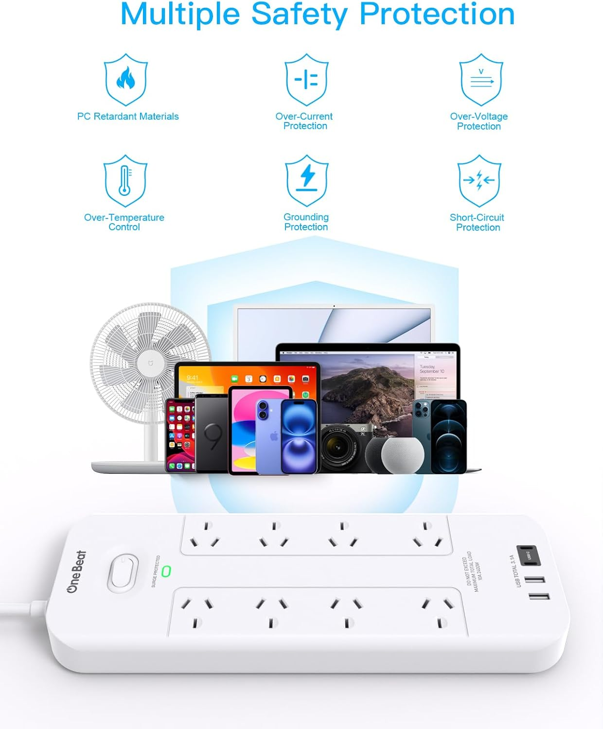 Power Board Surge Protected, 8 Widely Outlets with 4 USB Ports(2 USB a 2 USB C Charging Port), USB Power Board with 2M Extension Cord, 900J Surge Protection, Flat Plug, Wall Mount for Home Office image number 2