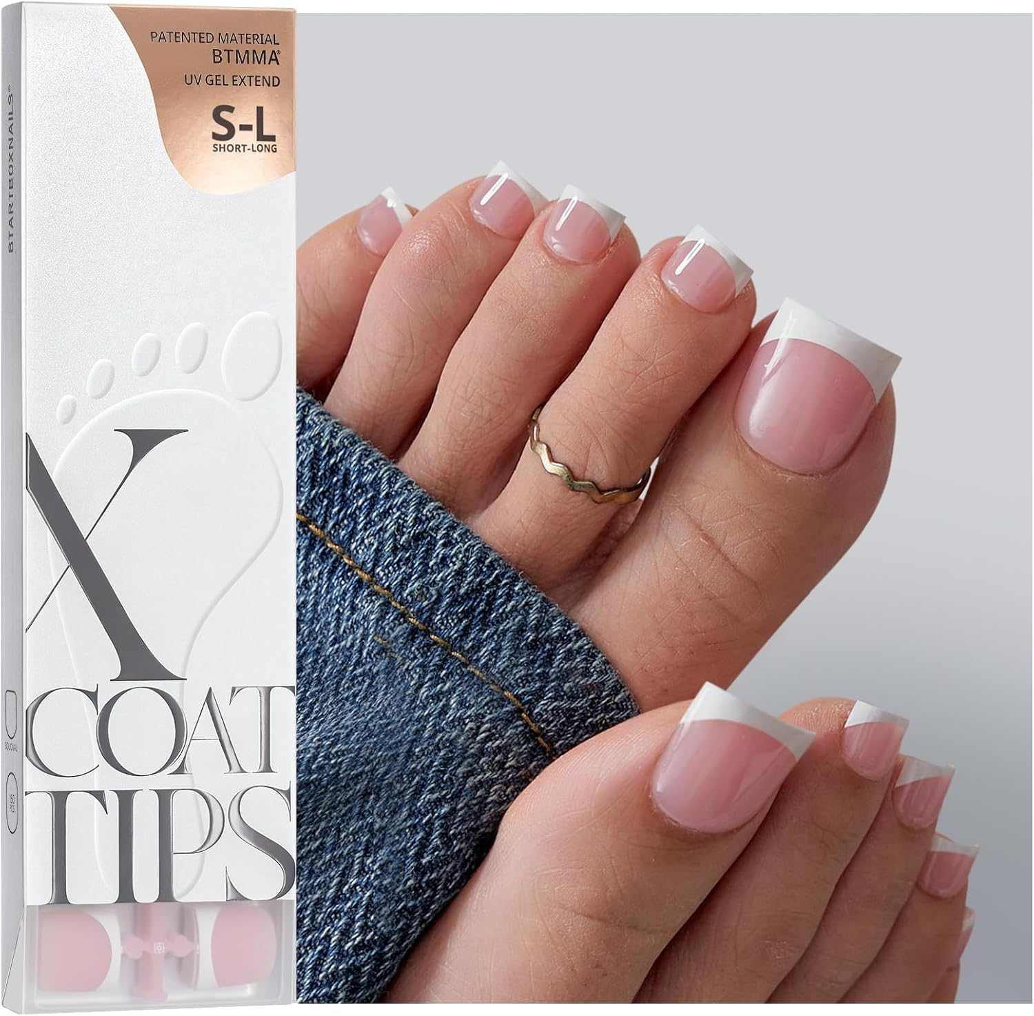 Btartboxnails XCOATTIPS Toe Nail Tips - Lamp-Curable Real Square Pink Press on Toenails for Women, 150 Soak off French Tip Toe Nail Extensions in 15 Sizes, Builder Gel & Top Coat Required