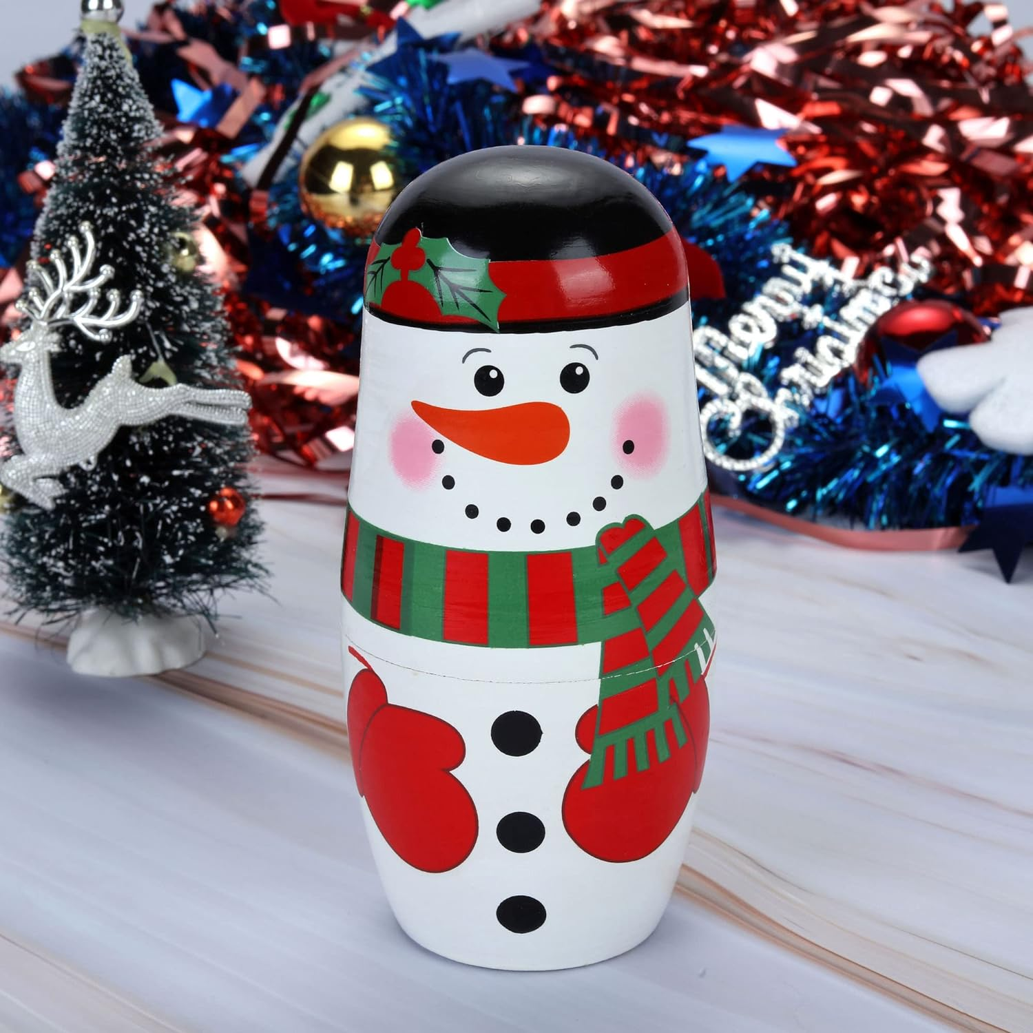 Yoption 5Pcs Russian Matryoshka Dolls Handmade Wooden Snowman Nesting Dolls Set for Kids Christmas Birthday Toy Gift (Snowman) image number 1