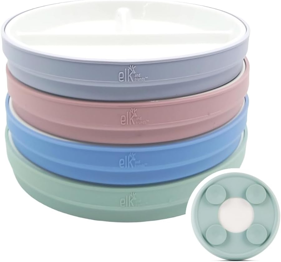 Elk and Friends Kids 7.8&rdquo; Porcelain White Divided Plates with Silicone Suction Sleeves | Suitable for Babies/Toddlers | Microwave & Dishwasher Safe | Stay Put Dinnerware | Snack Dishes | 4 Pack