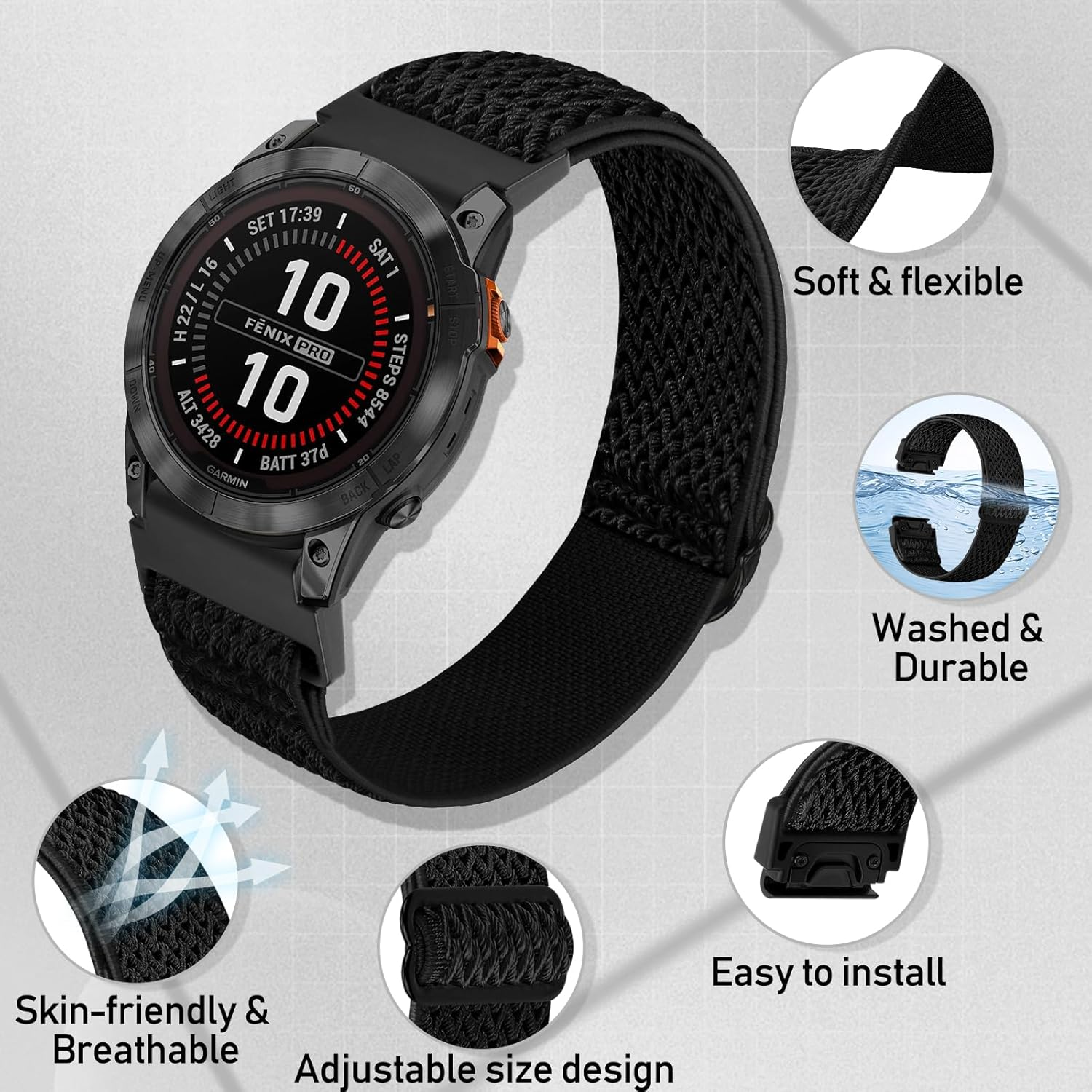 Nylon Elastic Band for Garmin Fenix ​​8 47Mm/Fenix ​​7/Fenix ​​6/Fenix ​​5/EPIX Pro 47Mm, Adjustable Woven Ballistic Nylon Webbing Wrist Strap for Garmin Fenix ​​8 47Mm, Unisex image number 3