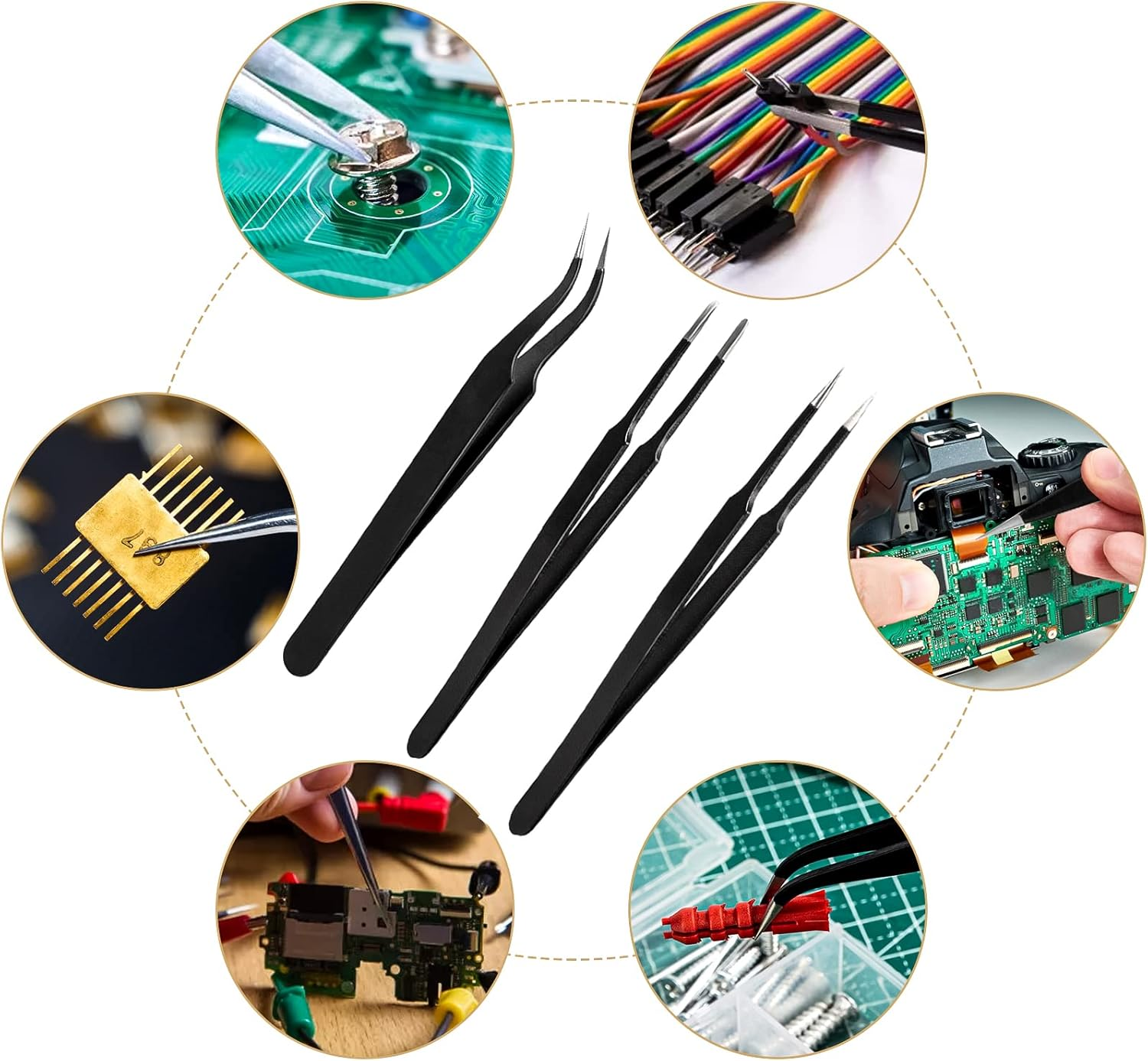 XINDA 3Pcs Anti-Static Precision Tweezers Set Modelling Tweezers for Crafting Include Needle Nose Thin Curved Tweezers for Electronic Repair, Handicraft, Laboratory, Jewelry Manufacturing Etc image number 3