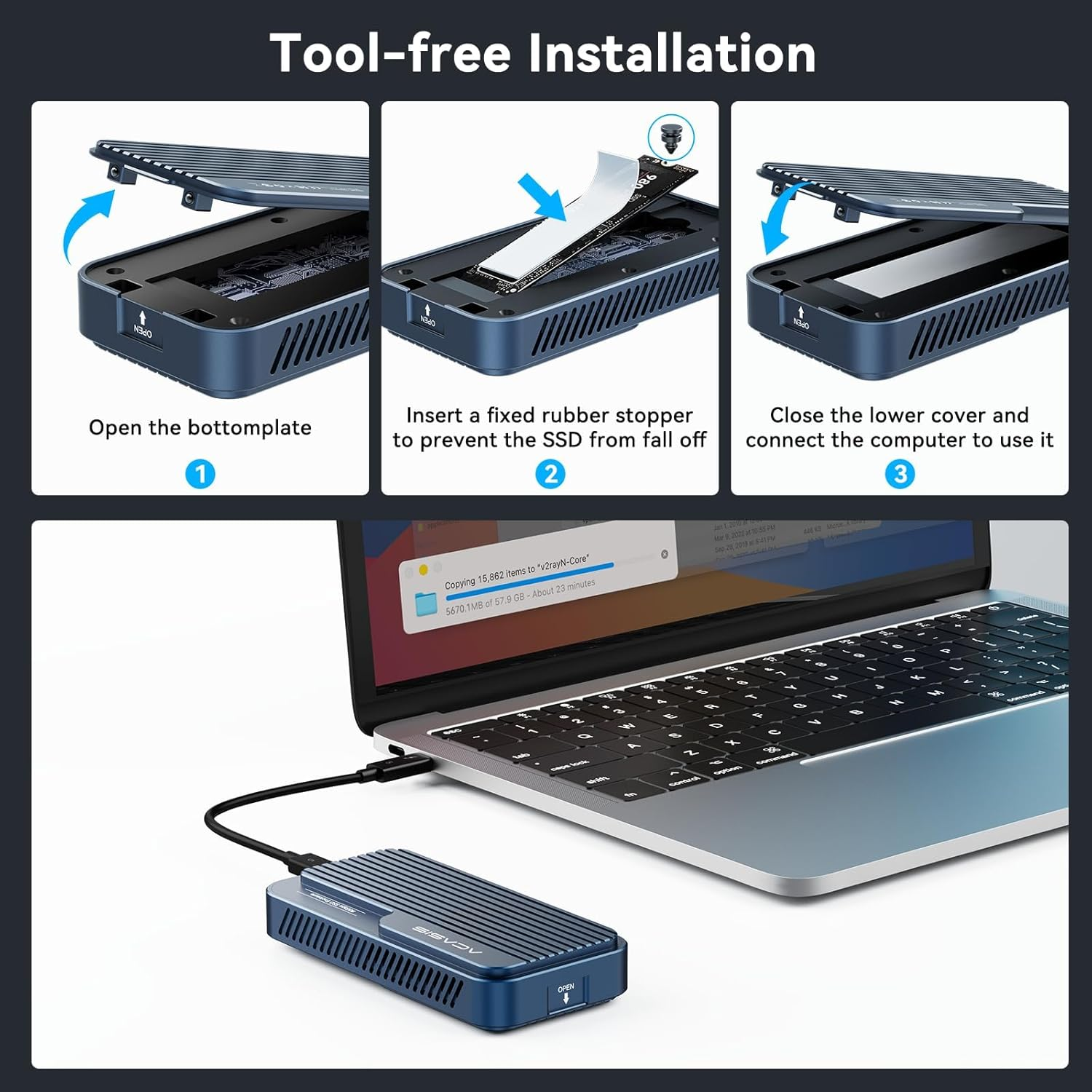 ACASIS 80Gbps M.2 Nvme SSD Enclosure, with Cooling Fan, Compatible with Thunderbolt5/Usb4 V2.0, Back Compatible with Thunderbolt4/3/Usb4 V1.0, USB3.2/3.1/3.0 (Dark Gray) image number 4