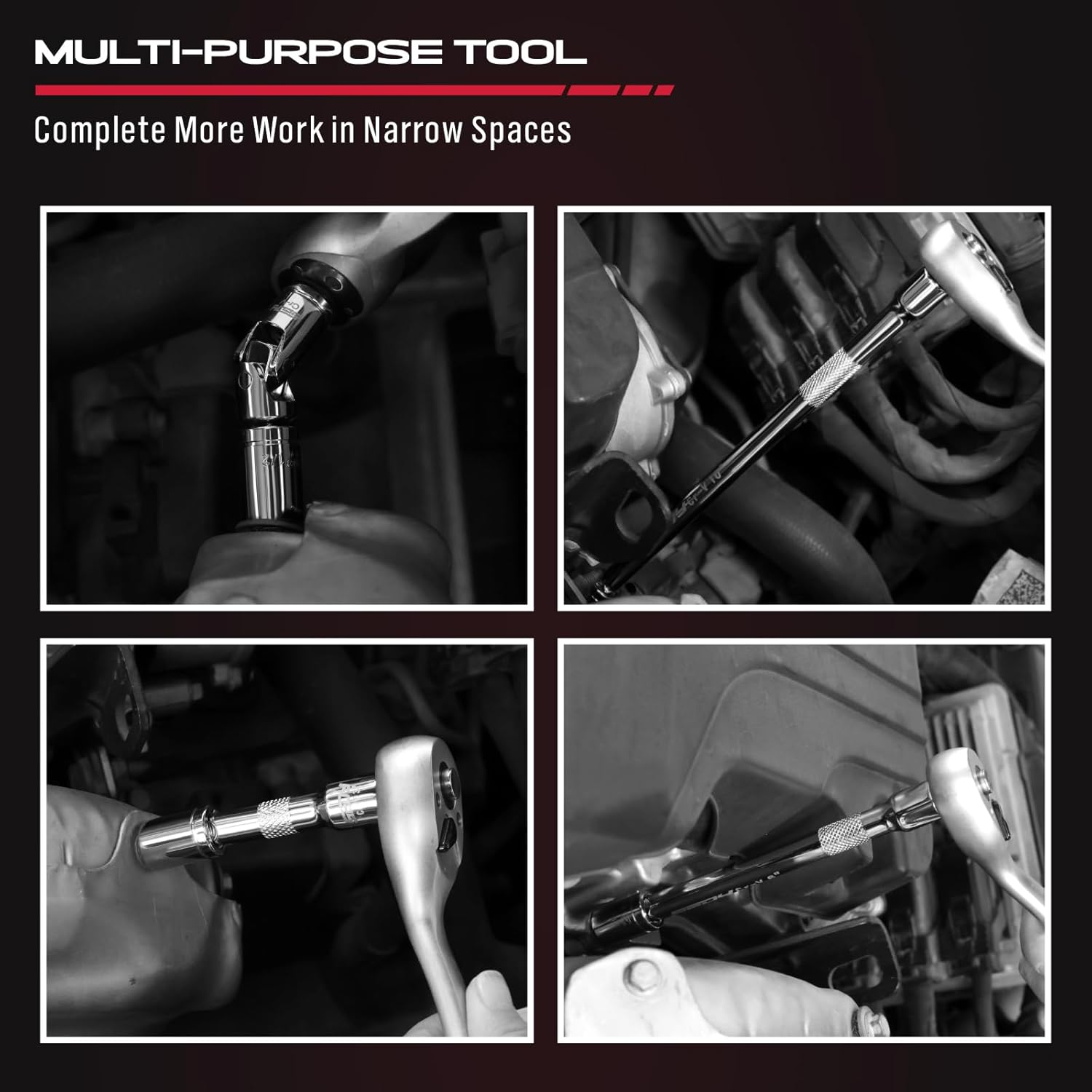 4-Piece 3/8" Drive Socket Extension Bar Set, Professional Socket Extension Set Include 3, 6, and 10 Inch Extensions and 3/8 Inch Drive Universal Joint Sockets, Premium Cr-V Steel Construction