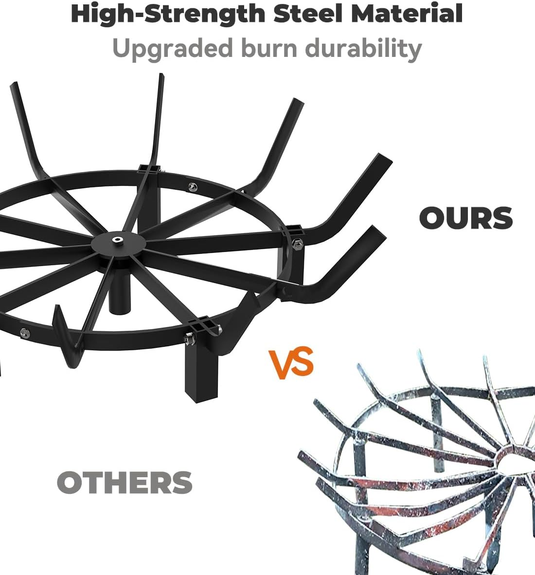 24 Inch round Fire Pit Grate with 10 Bars for Firepit, Heavy Duty Firewood Log Burning Rack Holder for Fireplace Hearth Wood Stove and Outdoor Campfire, Black