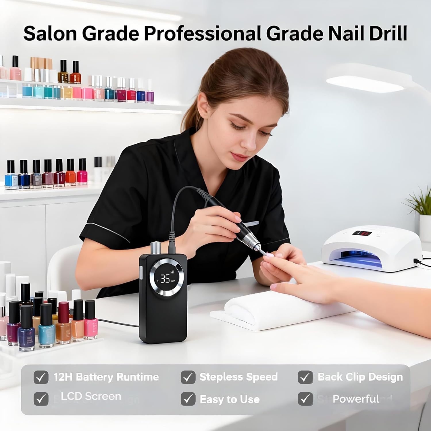 Lumcrissy Electric Nail Drill Machine, Rechargeable 35000 RPM Nail Drill for Arcylic, Portable Electric Acrylic Nail Tools (Black) image number 6