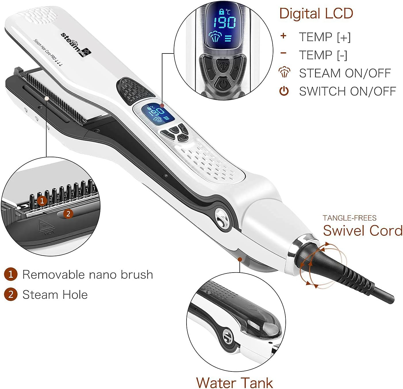Hair Straightener with Steam,Salon Professional Nano Titanium Ceramic Steam Flat Iron with Removable Comb+Digital LCD+5 Level Adjustable Temperature+Auto Temperature Lock (White) image number 6