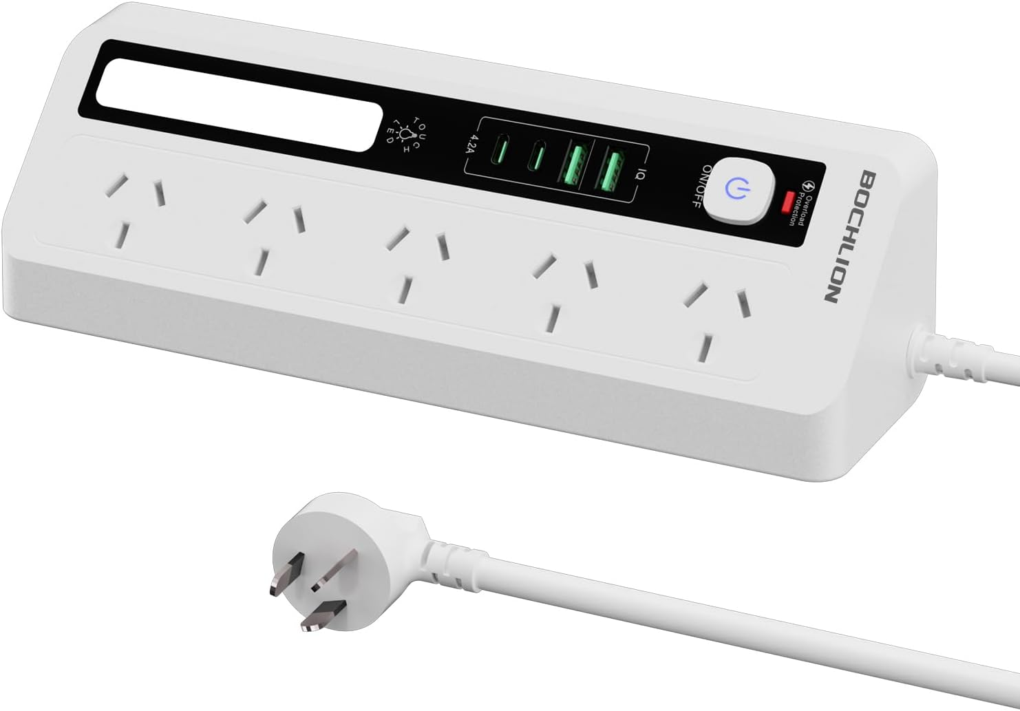 Desk Extension Lead with USB Slots, BOCHLION 2 USB C and 2 USB a Ports Power Socket with Night Light, 5 Way Plug Extension Socket Surge Protector, Desktop Power Strip 1.8M for Home Office (Black)