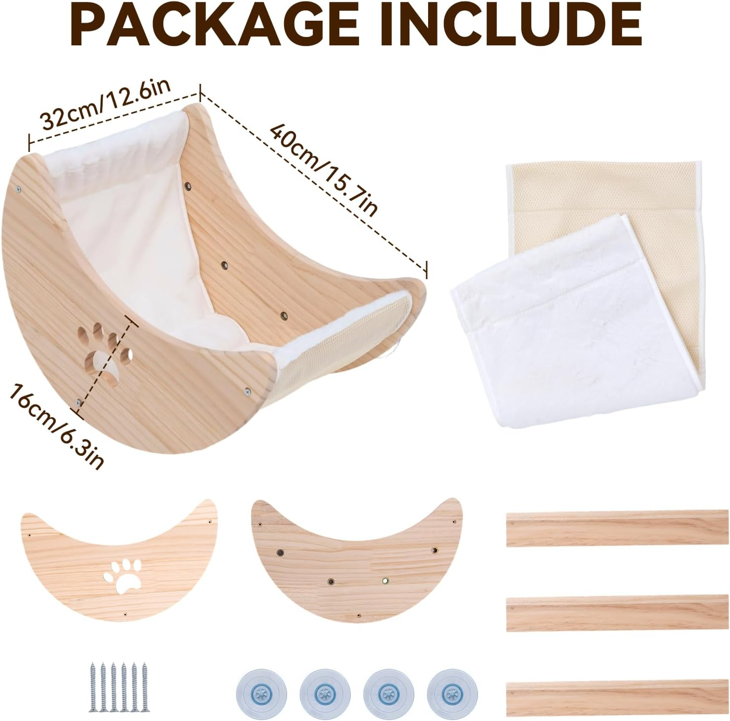 Cat Window Perch Hammock, Wooden Moon Cat Shelves with Strong Suction Cups for Indoor Cats Sleep Watch Birds, Soft Cover Mat image number 6