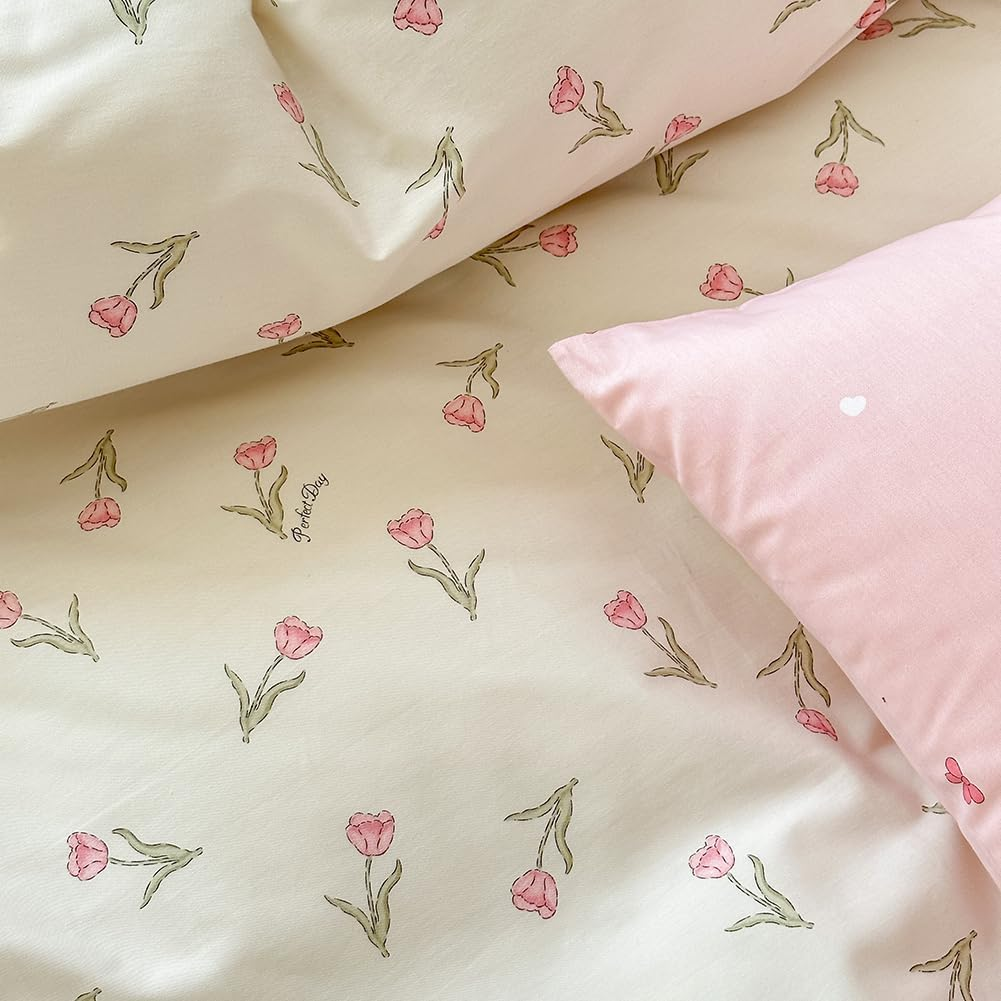 Covebett Cotton Duvet Cover Double Size White Pink Floral Flower Tulip Reversible Bedding Set 3Pcs, 1 Aesthetic Girls Quilt Cover 200X200 Cm with Zipper Closure and 2 Pillowcases 50X75 image number 3