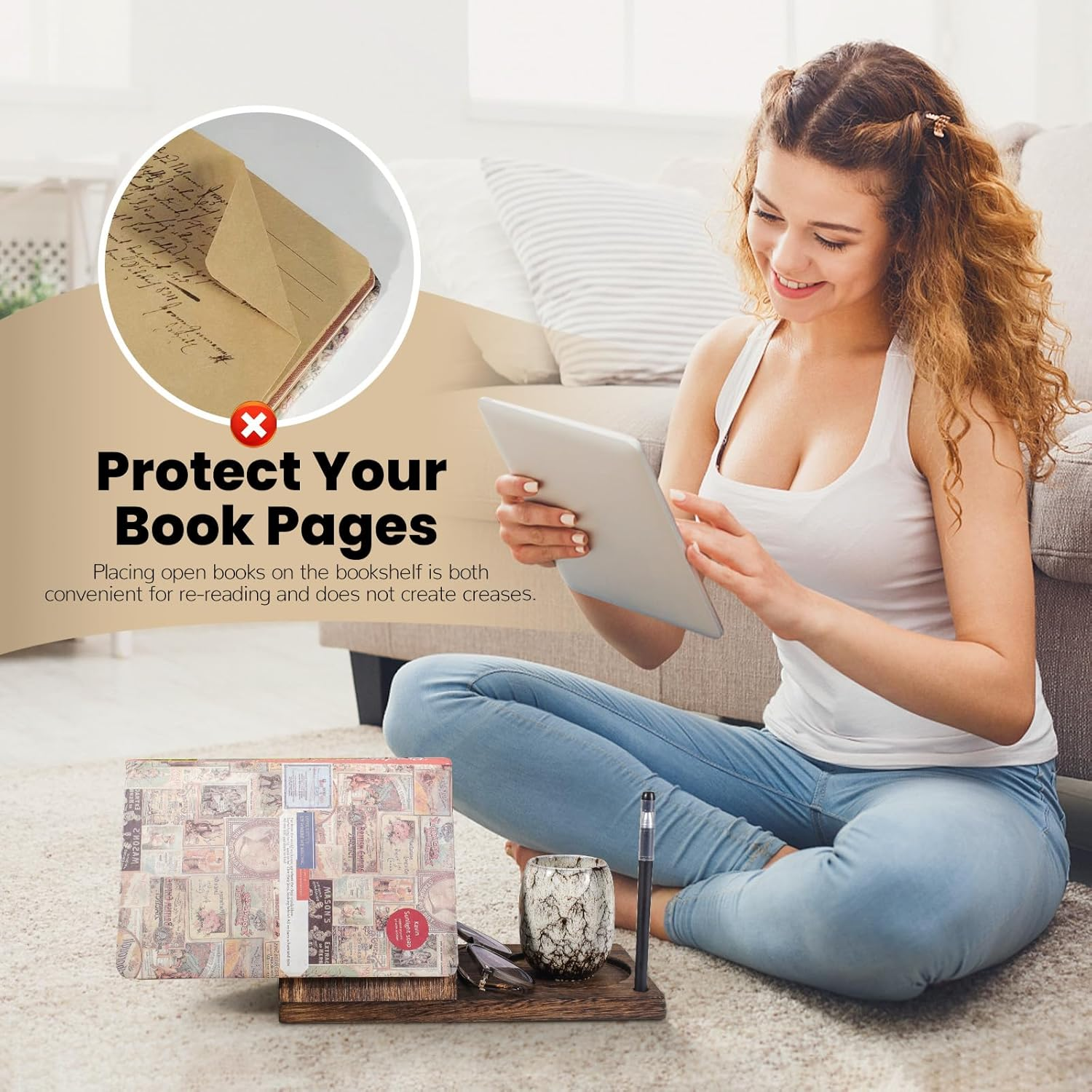 Triangle Wood Book Rest with Cup Holder, Mini Wooden Book Holder Bookcase, Book Stand for Reading, Book Nook Reading Valet for Bedroom Nightstand Office Desk (Brown) image number 4