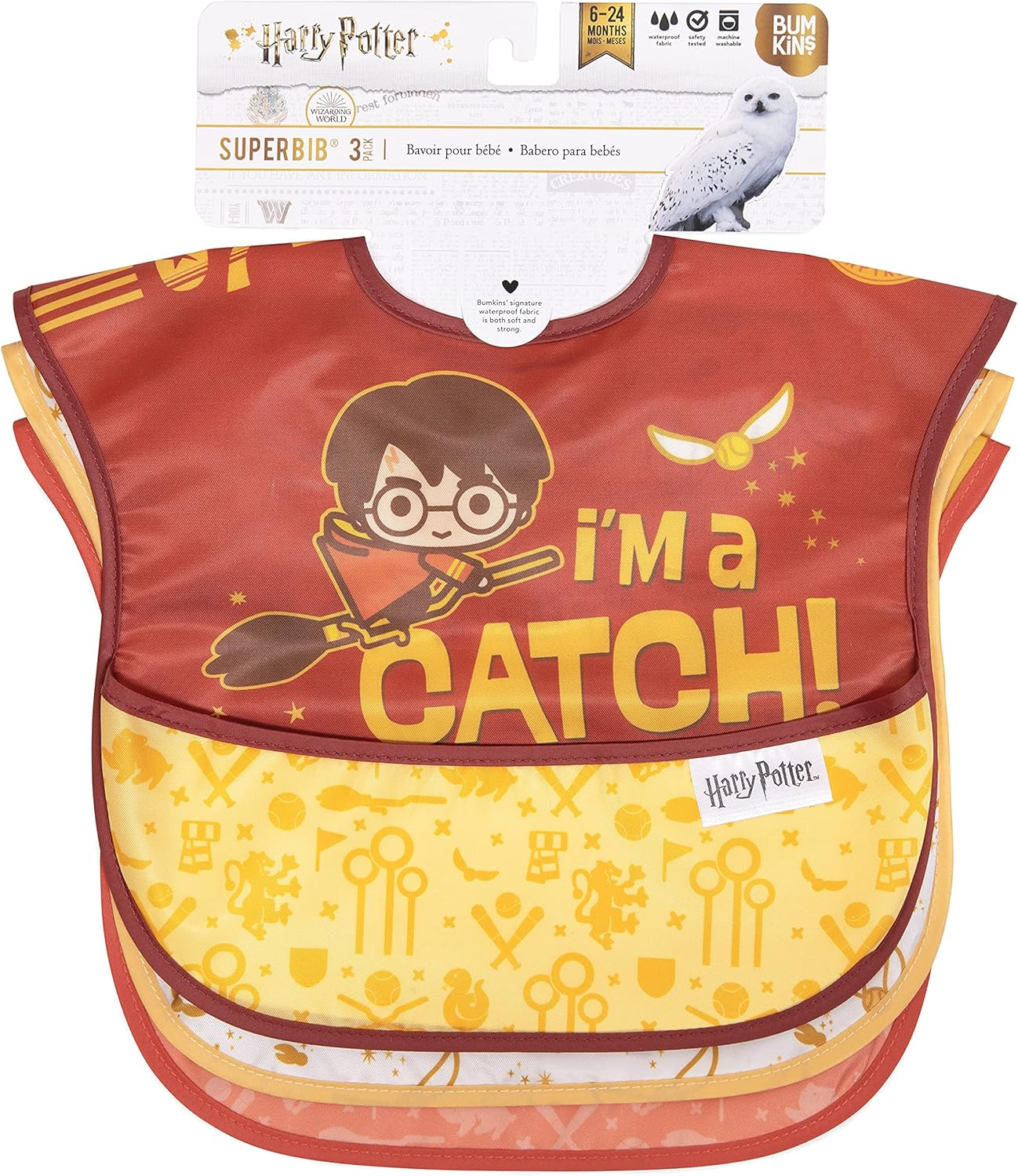 Bumkins Harry Potter Superbib, Baby Bib, Waterproof, Washable, Stain & Odor Resistant, 6-24 Months, 3 Pack - Quidditch - J2 Wonder Woman, Cape image number 3