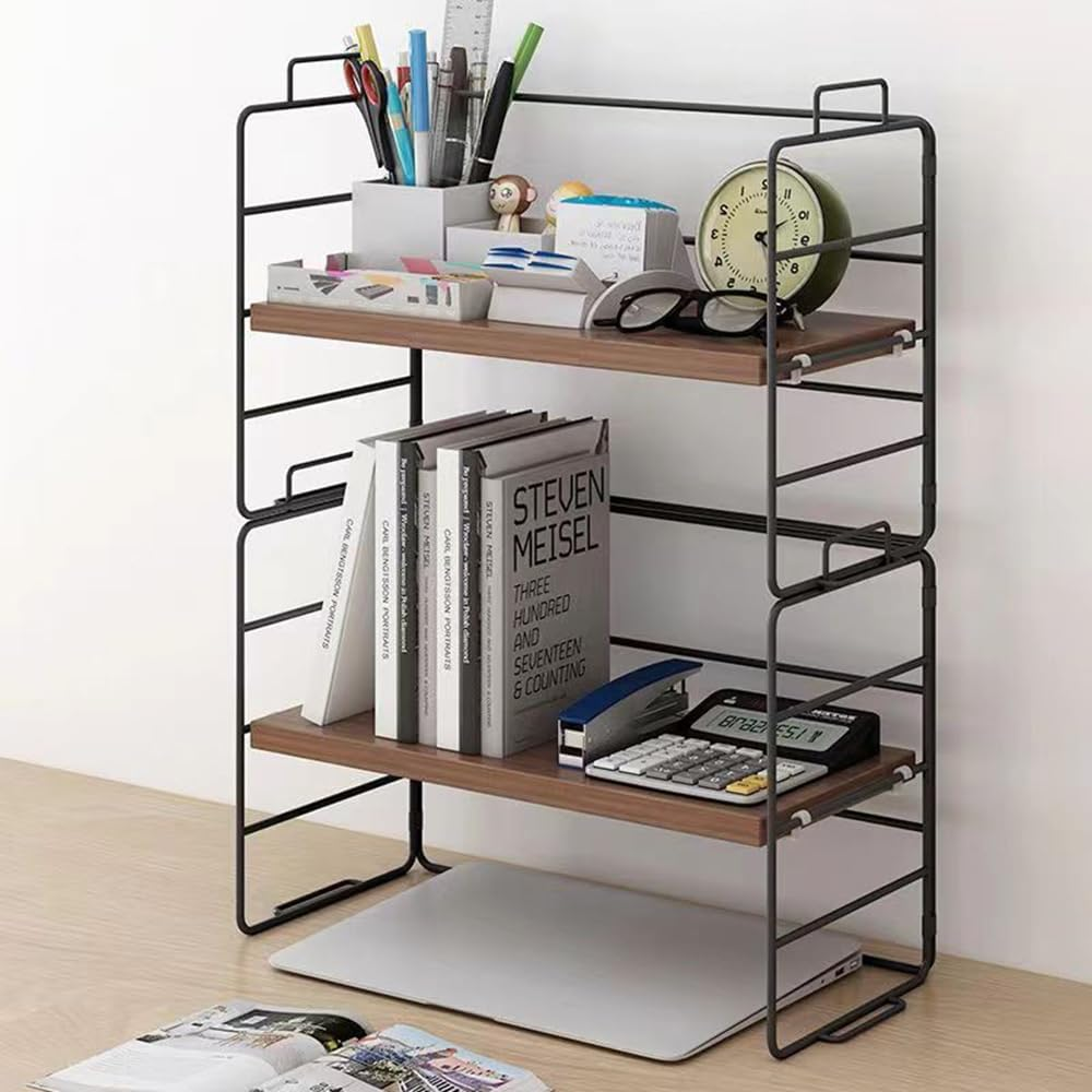 Hbluefat Desktop Shelf Organizer, 2-Tier Adjustable Wood Bookshelf Storage Rack, Small Multi-Functional Stackable Countertop Display Shelf for Home Office School (Walnut+Black) - Walnut+Black image number 3