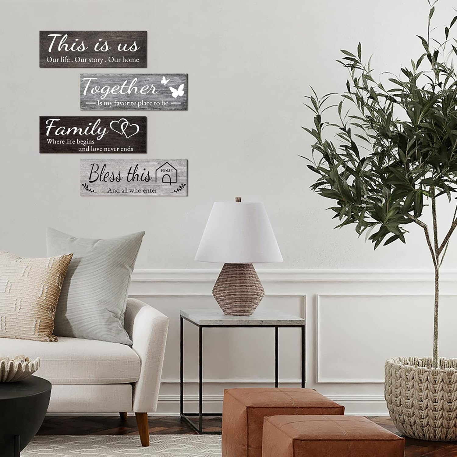 Joyhawk 4 Pieces Home Wall Decor Signs - THIS IS US/TOGETHER/BLESS THIS HOME/FAMILY for Living Room Bedroom, Rustic Wooden Farmhouse Art, 4.7 X 13.8 Inch (Mixed Color) image number 1