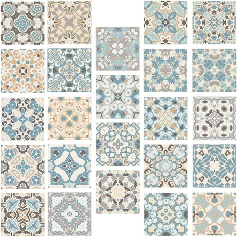 Bestonzon 24PCS Tile Stickers Stick Retro Style, 7.86Inch Wall Tiles Peel and Stick Adhesive Decals, Removable Decorative Tile Stickers Traditional DIY Murals Tile Stickers for Kitchen Bathroom