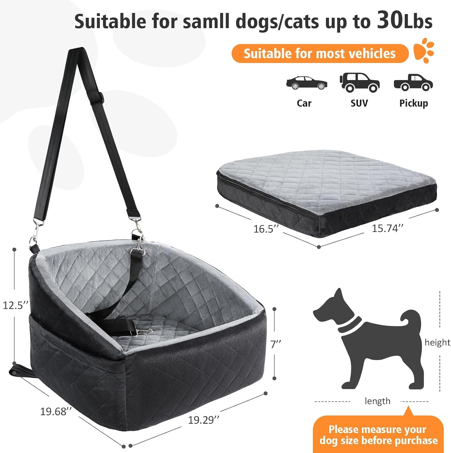 Dog Car Seat for Small Dogs,Detachable Washable Dog Booster Seat under 30Lbs, Pet Car Seat Travel Bed with Storage Pockets and Dog Safety Belt (Black&Gray, Small) image number 1