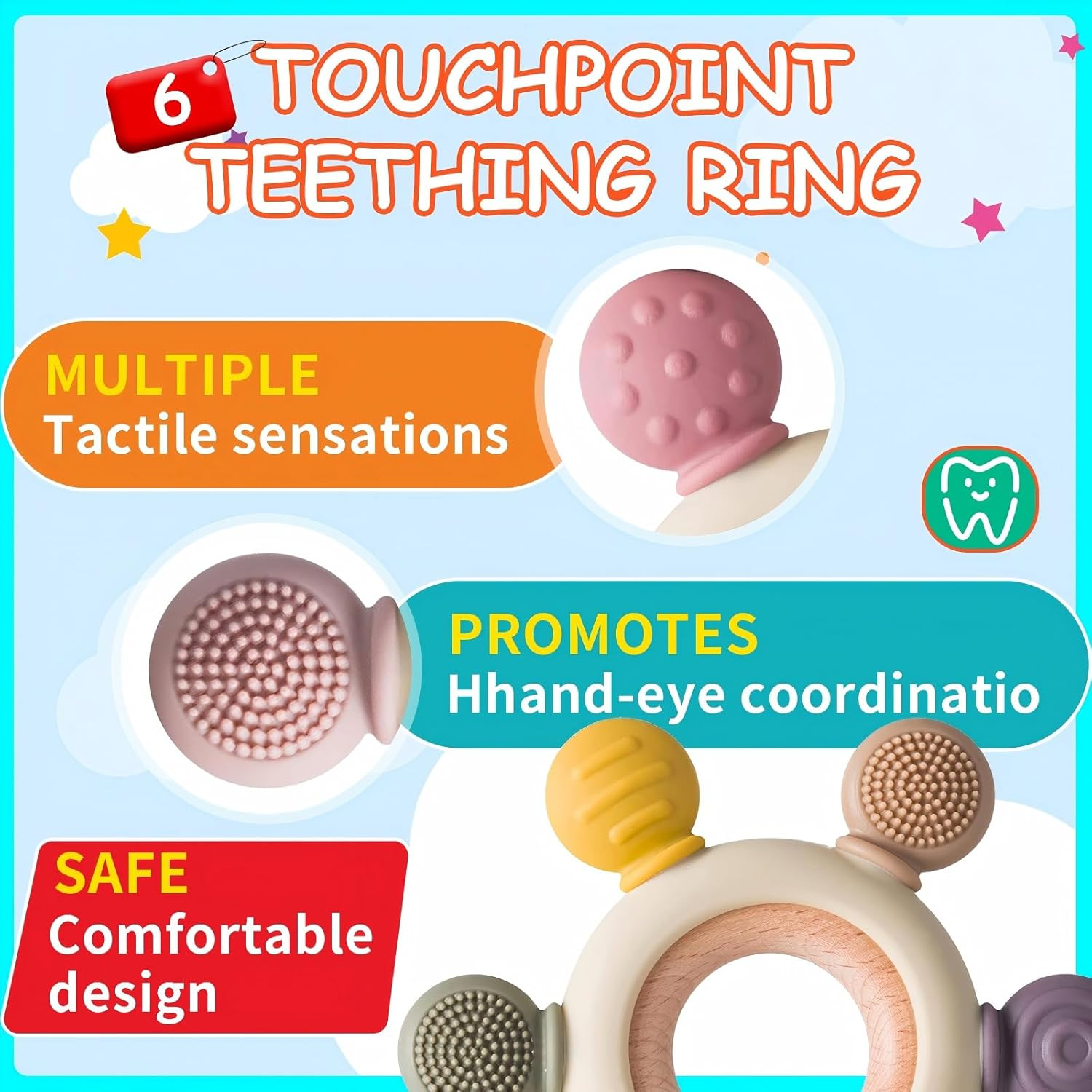 Baby Teething Toys, Silicone Rudder Toy with Wooden Rings for Soothing Teething Pain Relief, Grasping Ring Teething Toy, BPA Free Teething Newborn Accessories, for Lnfants & Toddlers 6+ Months image number 3