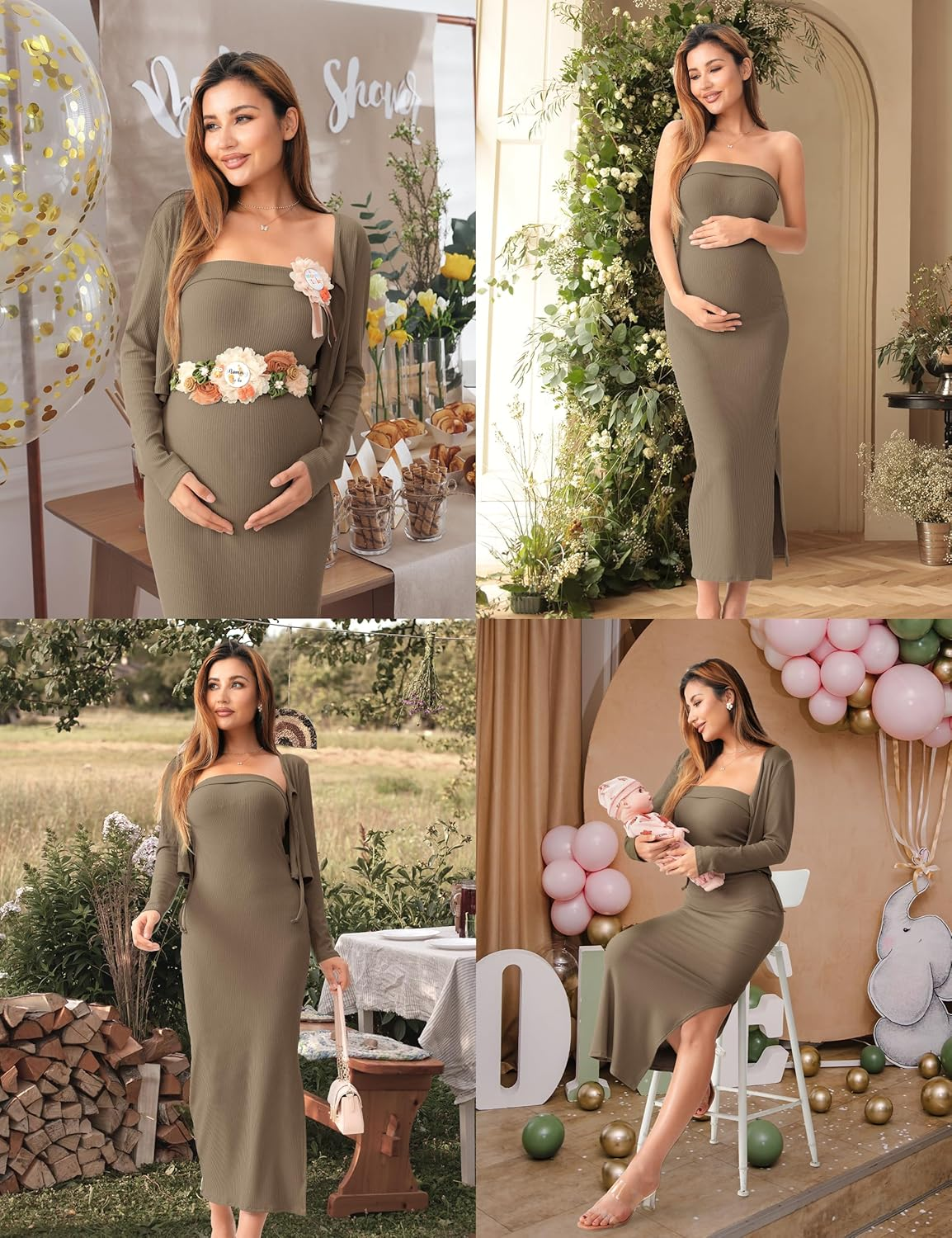 SUNNYBUY Baby Shower Maternity Tube Dress Short Cardigan Bodycon Ribbed Maxi Dress Casual 2 Piece Pregnancy Outfit Set image number 2
