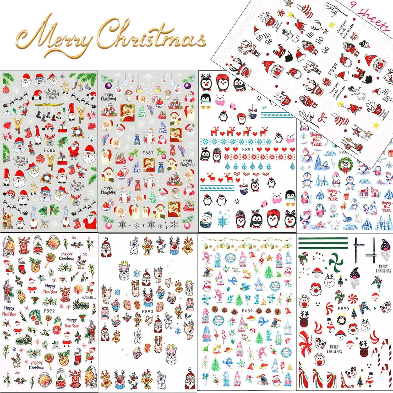 Christmas Nail Stickers 3D Self-Adhesive Nail Art Stickers for Women, Girls & Kids - Santa Claus, Snowman, Penguin & Elk,Nail Art, DIY Christmas Decoration, for Natural & Acrylic Nails(9 Sheets) image number 3